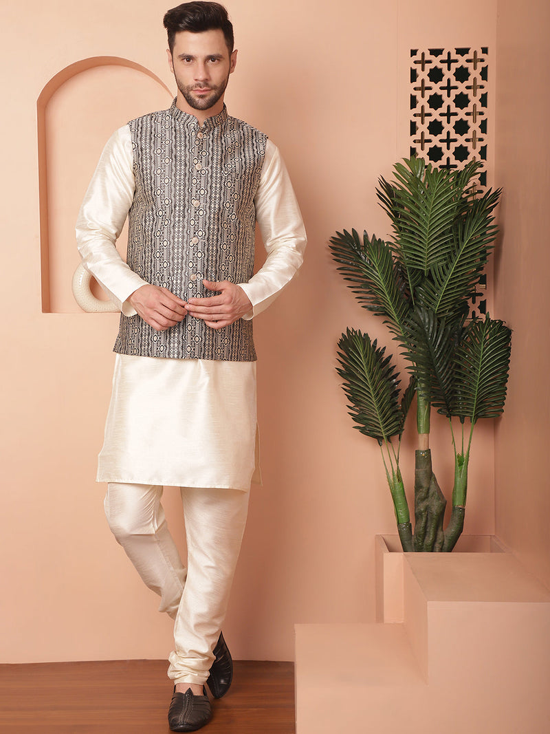 Men's Woven Design Nehru Jacket With Solid Kurta Pyjama