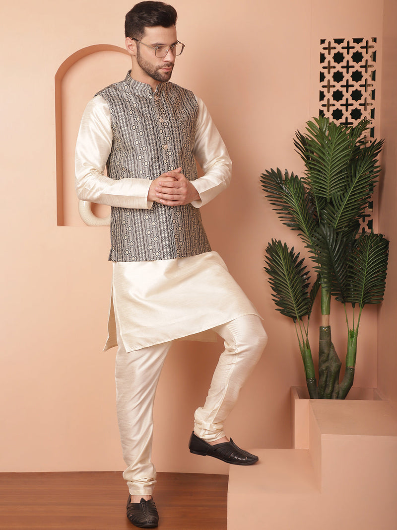 Men's Woven Design Nehru Jacket With Solid Kurta Pyjama