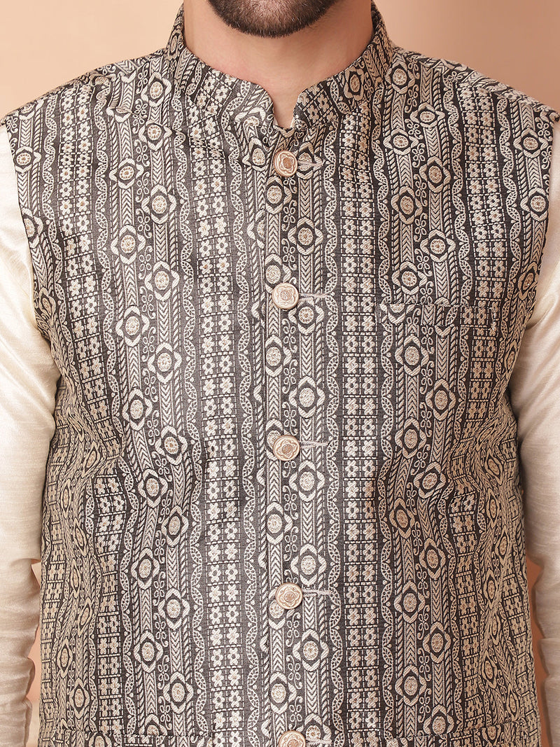 Men's Woven Design Nehru Jacket With Solid Kurta Pyjama