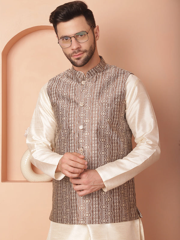 Men's Woven Design Nehru Jacket With Solid Kurta Pyjama