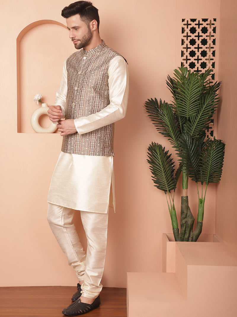 Men's Woven Design Nehru Jacket With Solid Kurta Pyjama