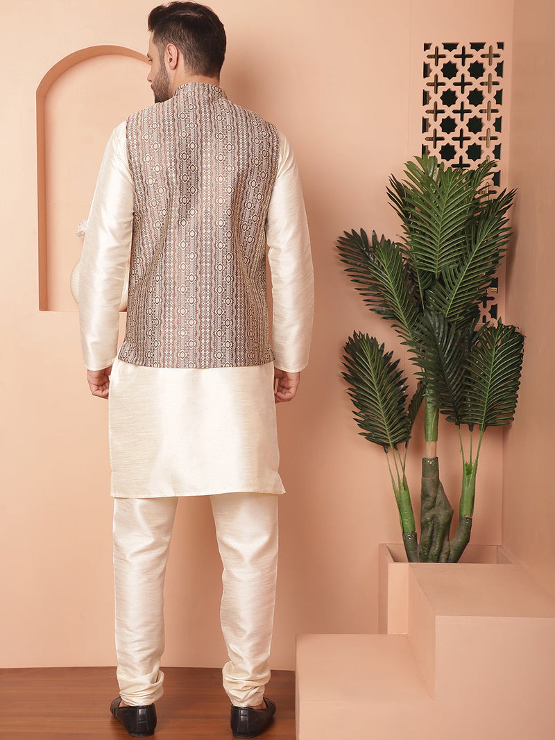 Men's Woven Design Nehru Jacket With Solid Kurta Pyjama