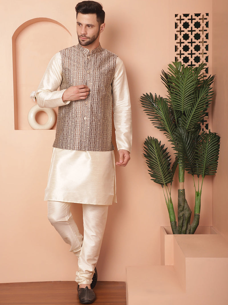 Men's Woven Design Nehru Jacket With Solid Kurta Pyjama