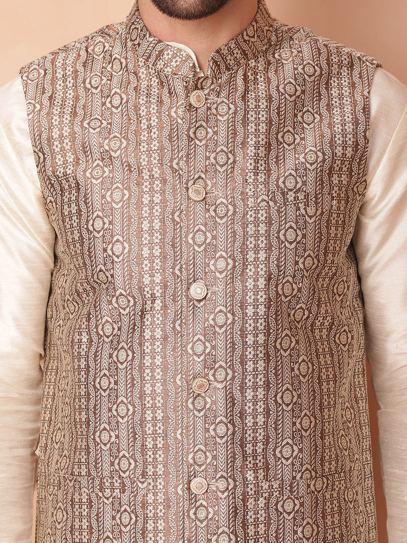 Men's Woven Design Nehru Jacket With Solid Kurta Pyjama