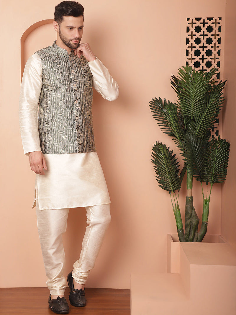 Men's Woven Design Nehru Jacket With Solid Kurta Pyjama