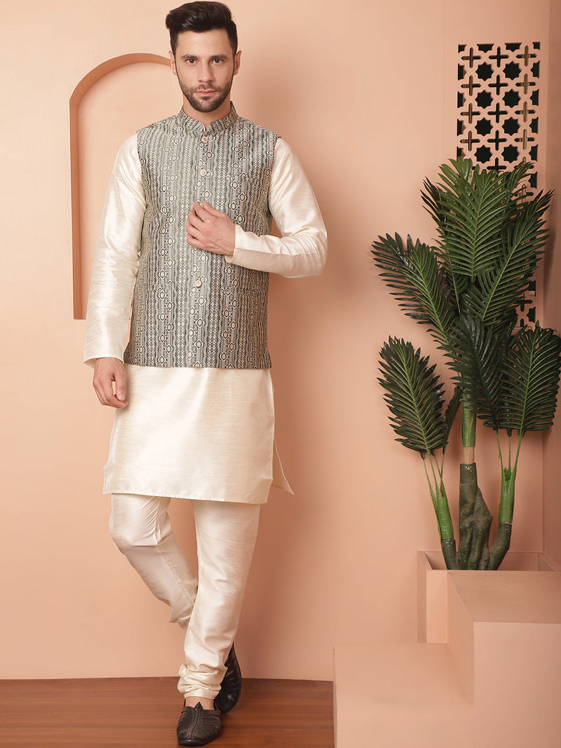 Men's Woven Design Nehru Jacket With Solid Kurta Pyjama