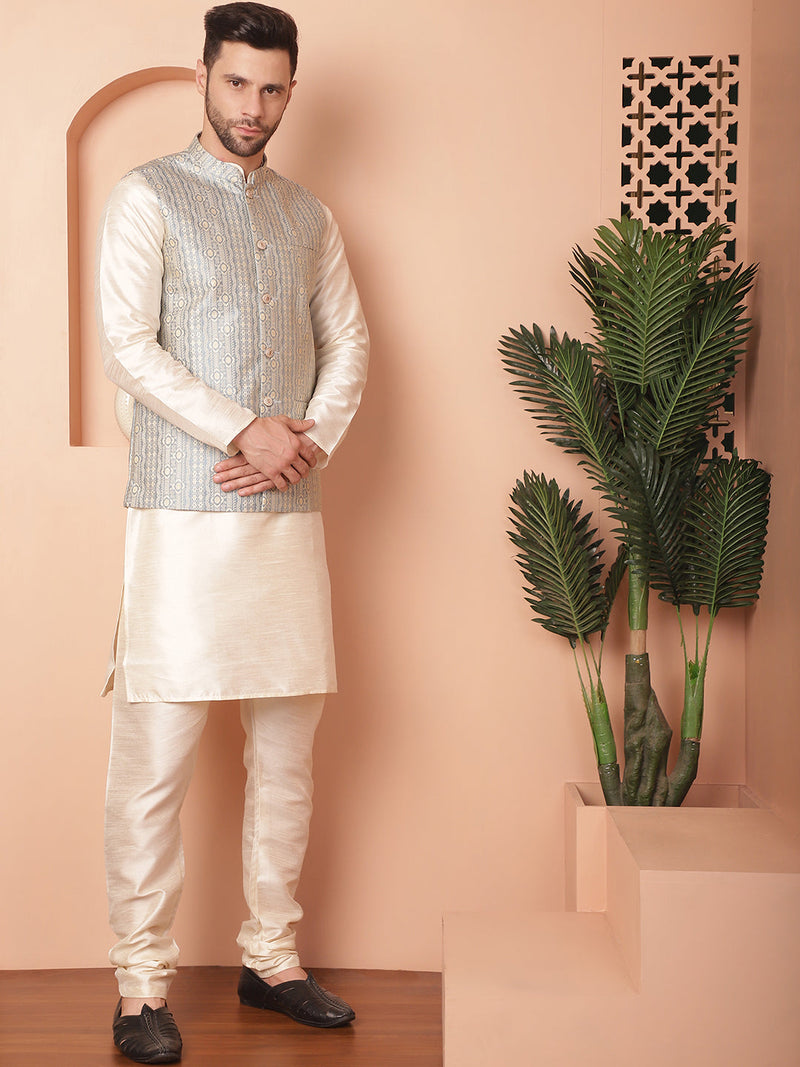 Men's Woven Design Nehru Jacket With Solid Kurta Pyjama