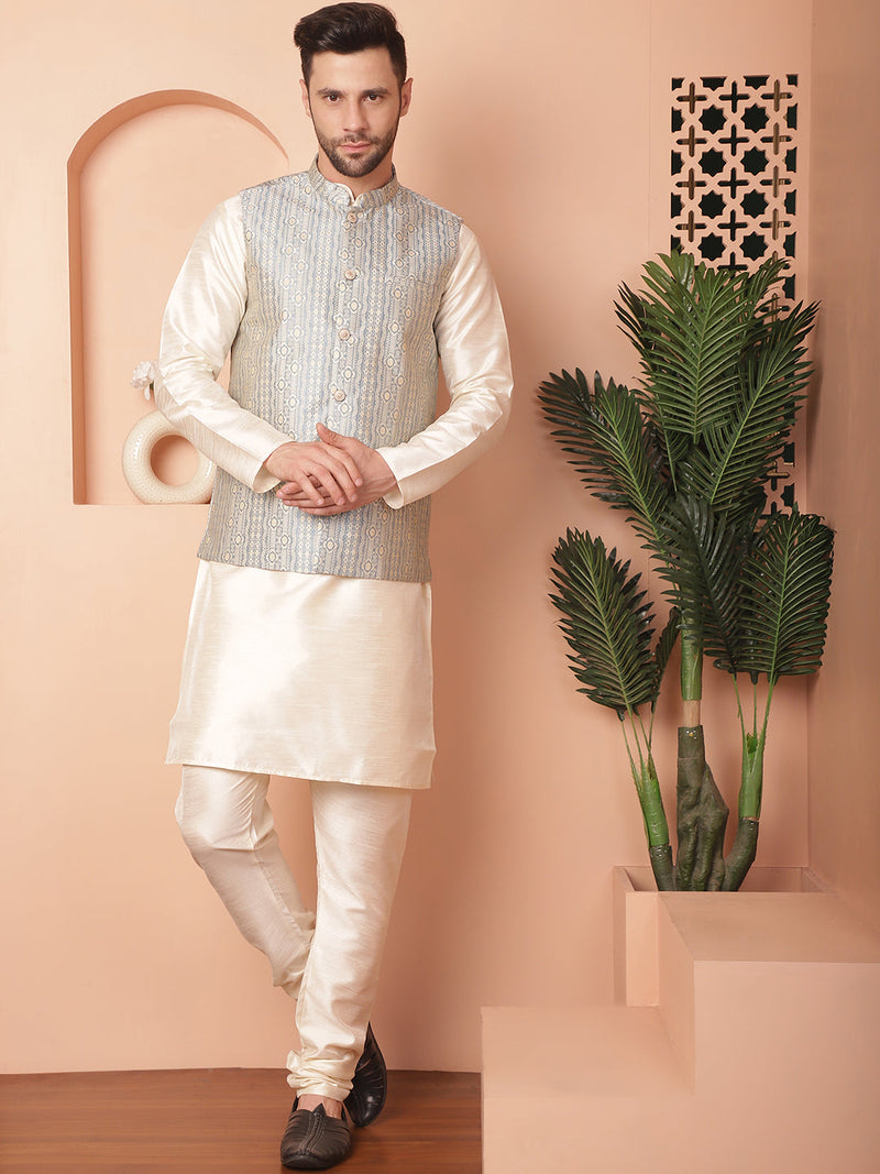 Men's Woven Design Nehru Jacket With Solid Kurta Pyjama