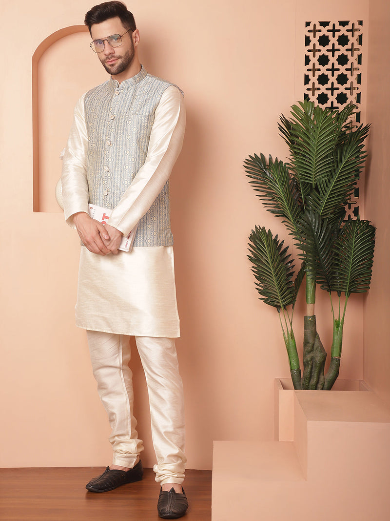 Men's Woven Design Nehru Jacket With Solid Kurta Pyjama