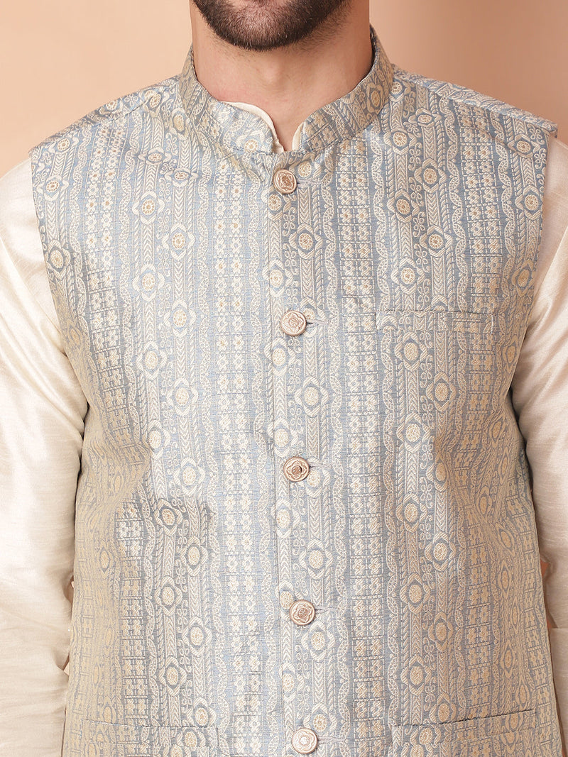 Men's Woven Design Nehru Jacket With Solid Kurta Pyjama