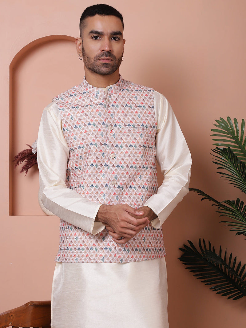 Sequins and Printed Nehru Jacket With Solid Kurta Pyjama