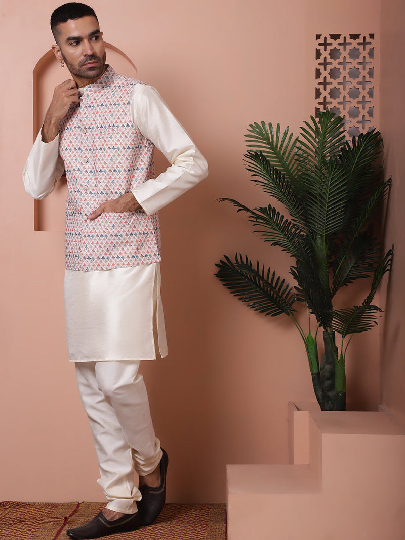 Sequins and Printed Nehru Jacket With Solid Kurta Pyjama