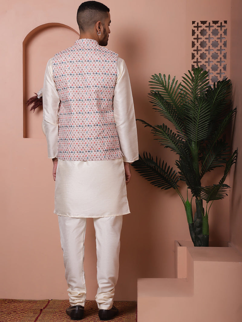 Sequins and Printed Nehru Jacket With Solid Kurta Pyjama