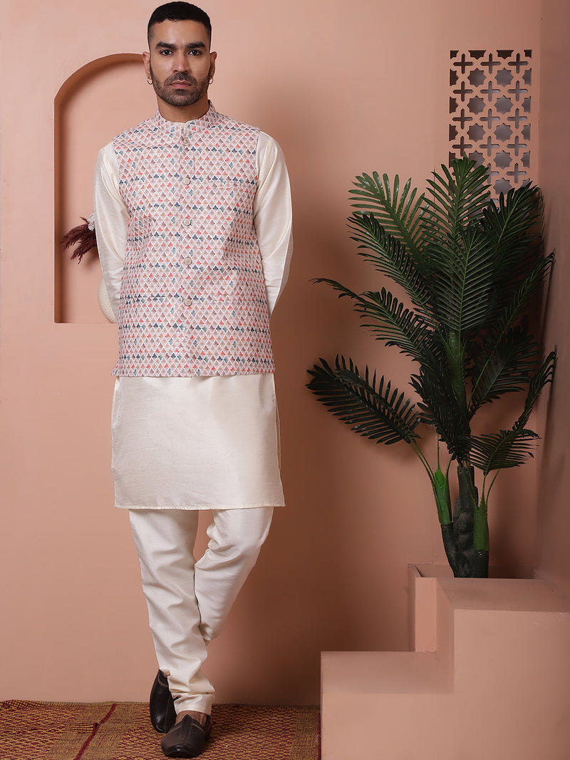 Sequins and Printed Nehru Jacket With Solid Kurta Pyjama