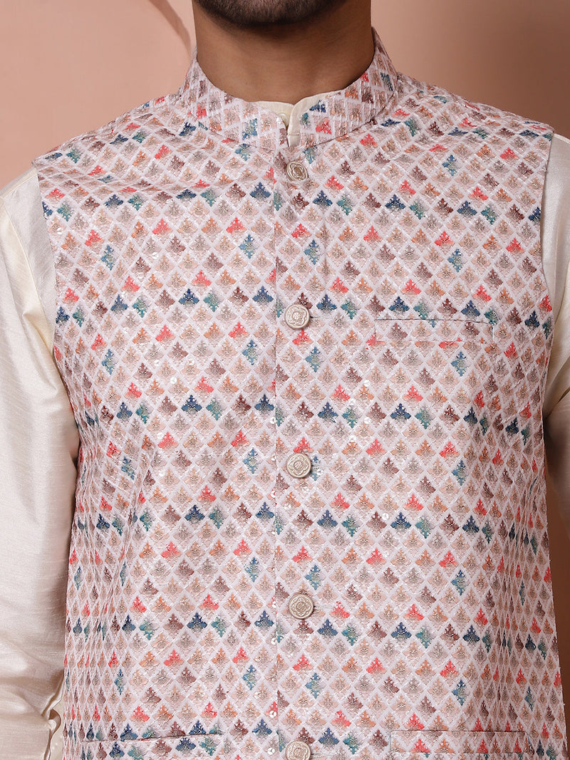 Sequins and Printed Nehru Jacket With Solid Kurta Pyjama