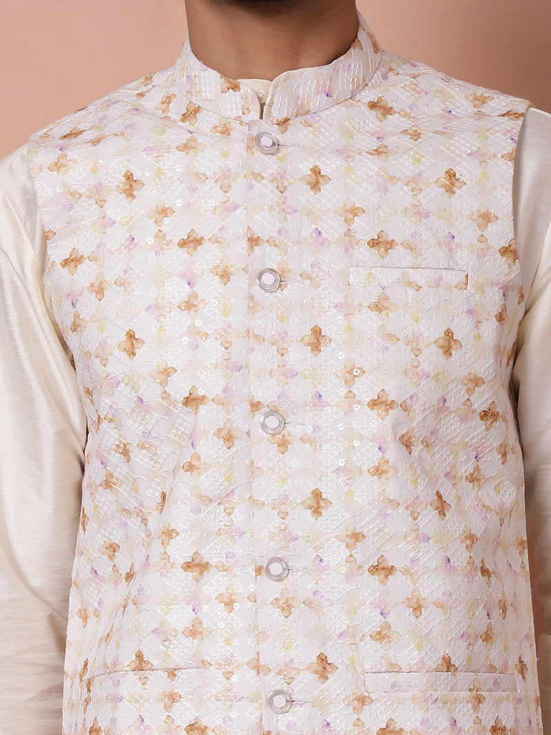 Sequins and Printed Nehru Jacket With Solid Kurta Pyjama