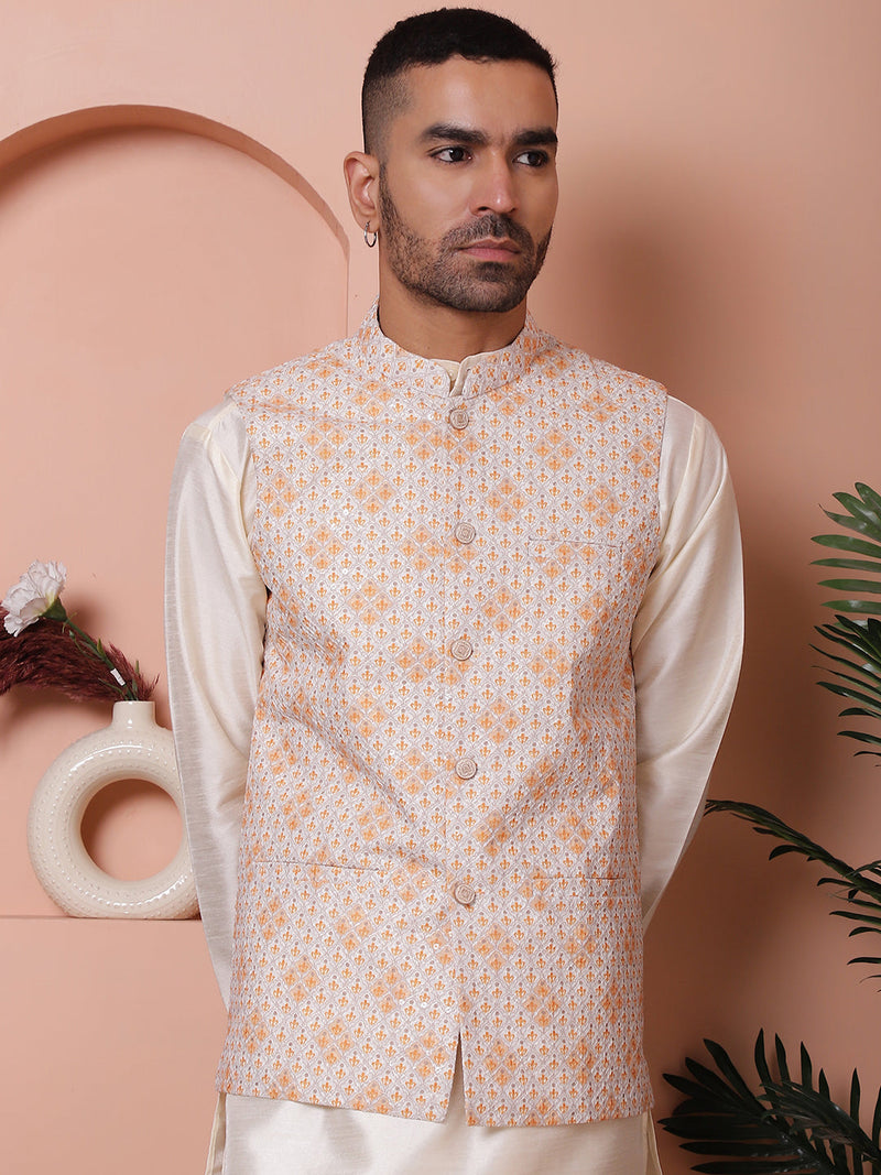 Sequins and Printed Nehru Jacket With Solid Kurta Pyjama