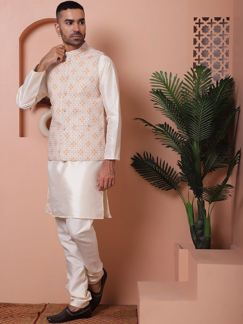 Sequins and Printed Nehru Jacket With Solid Kurta Pyjama