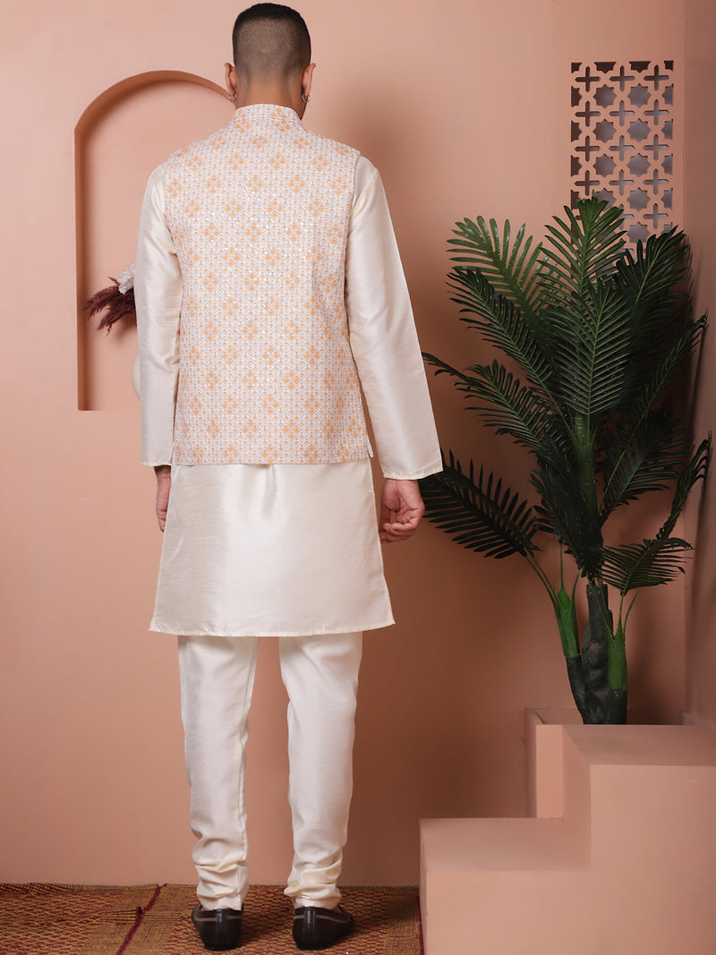 Sequins and Printed Nehru Jacket With Solid Kurta Pyjama