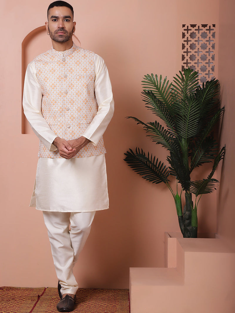 Sequins and Printed Nehru Jacket With Solid Kurta Pyjama