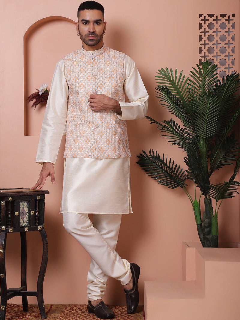 Sequins and Printed Nehru Jacket With Solid Kurta Pyjama