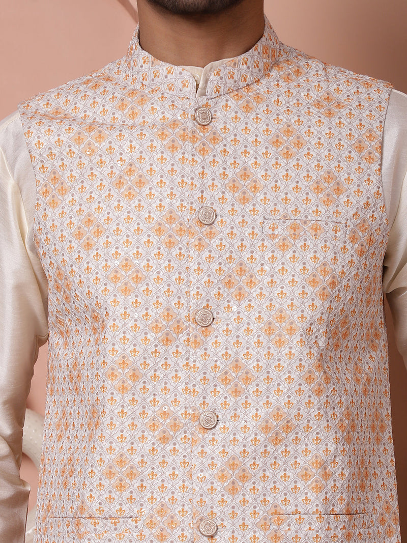 Sequins and Printed Nehru Jacket With Solid Kurta Pyjama