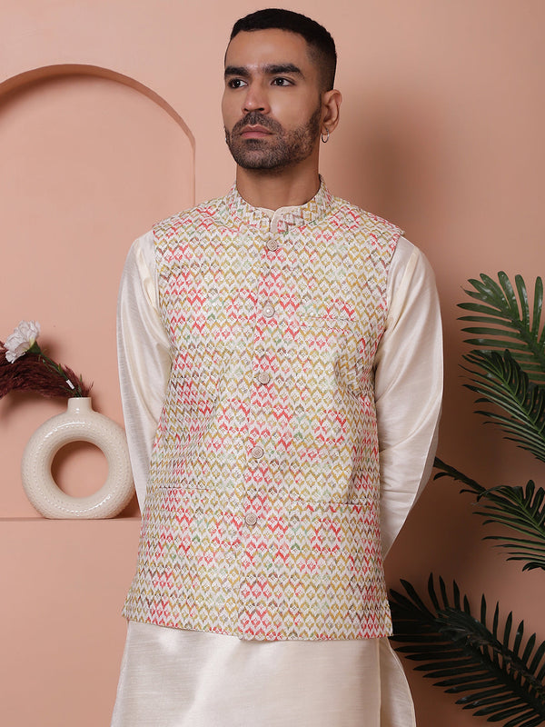 Sequins and Printed Nehru Jacket With Solid Kurta Pyjama