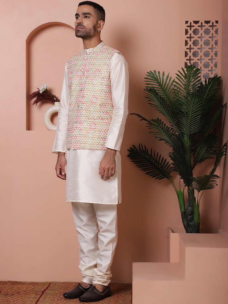 Sequins and Printed Nehru Jacket With Solid Kurta Pyjama