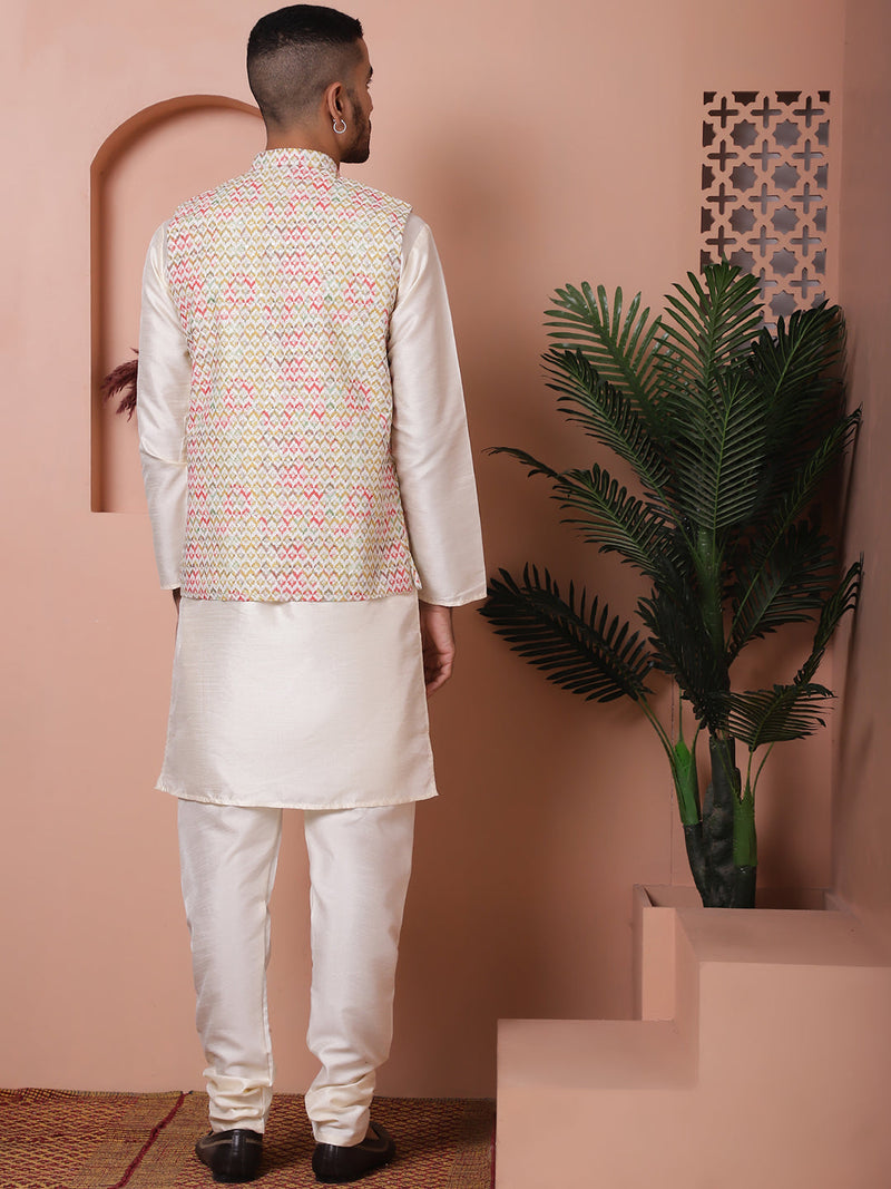 Sequins and Printed Nehru Jacket With Solid Kurta Pyjama