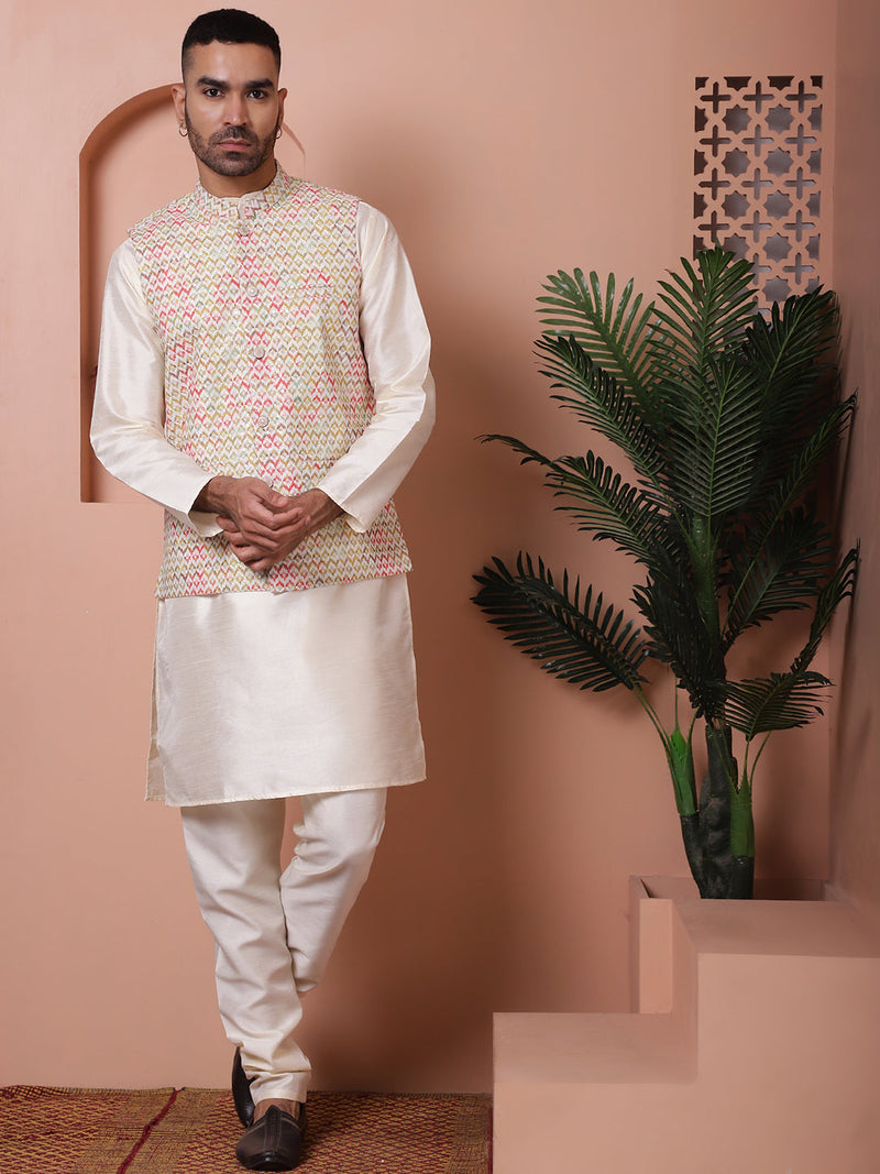 Sequins and Printed Nehru Jacket With Solid Kurta Pyjama