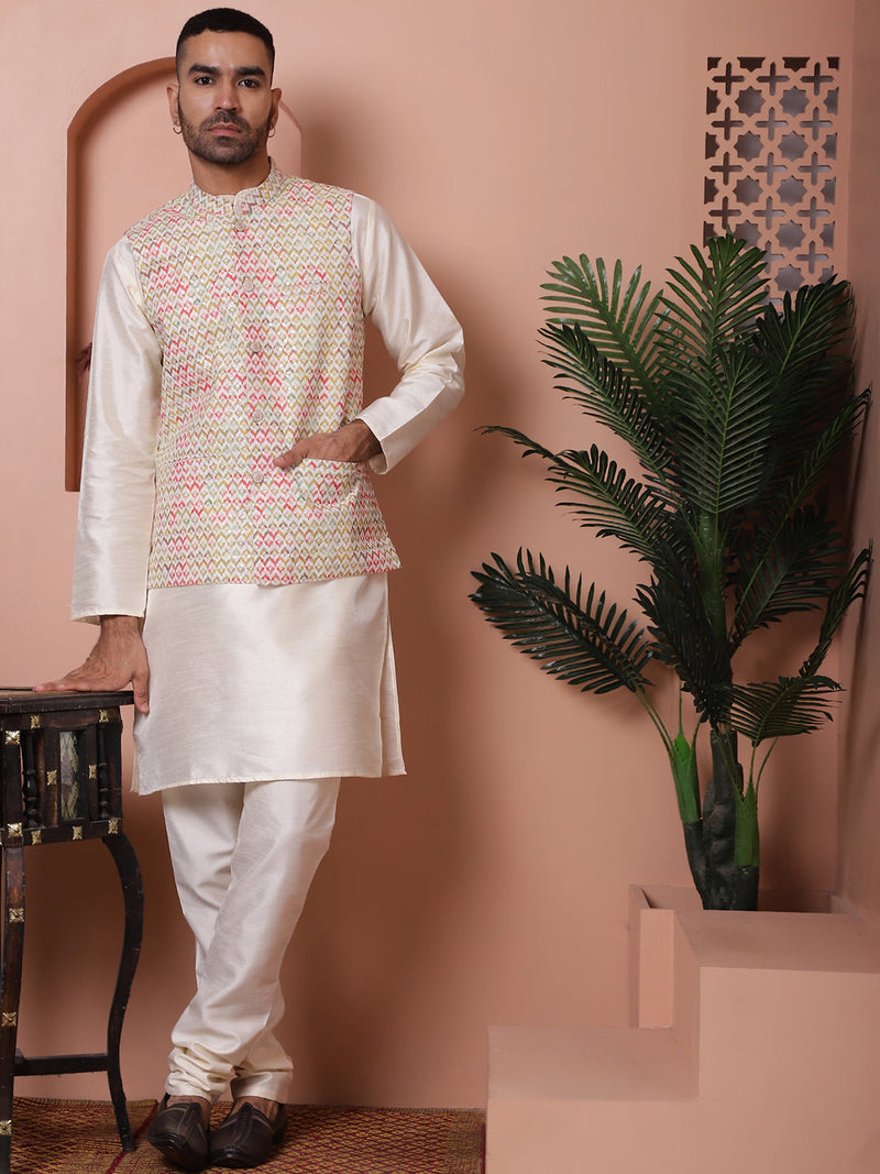 Sequins and Printed Nehru Jacket With Solid Kurta Pyjama