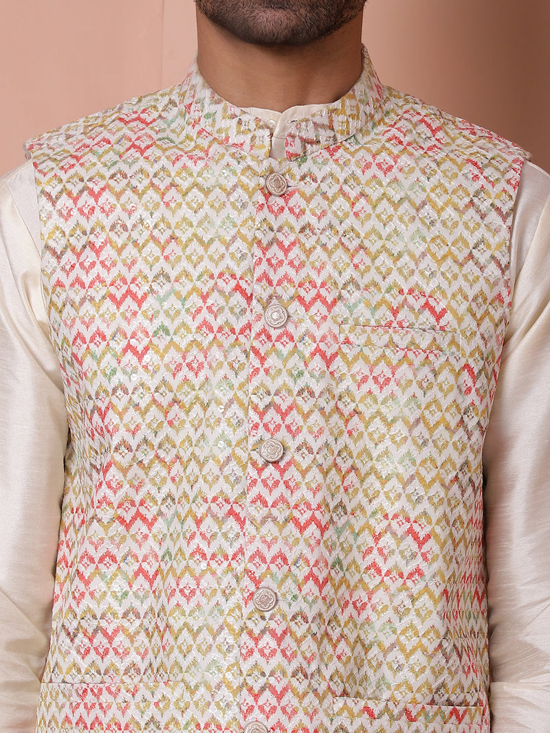 Sequins and Printed Nehru Jacket With Solid Kurta Pyjama