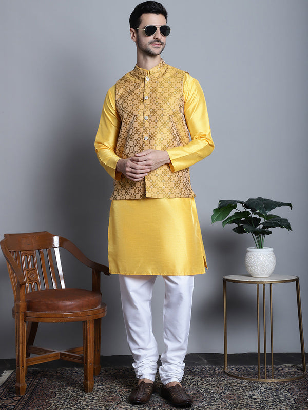 Men's Woven Design Nehru Jacket With Kurta Pyjama Set