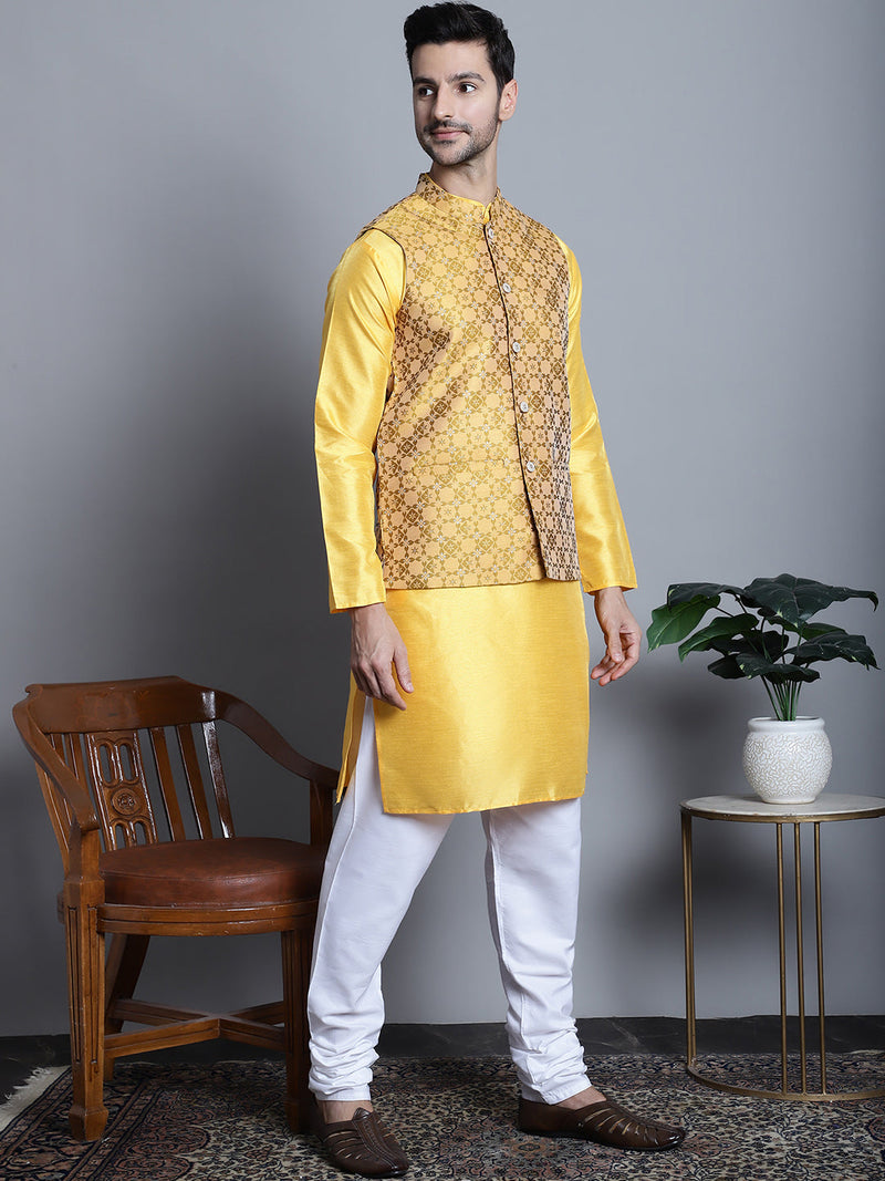 Men's Woven Design Nehru Jacket With Kurta Pyjama Set