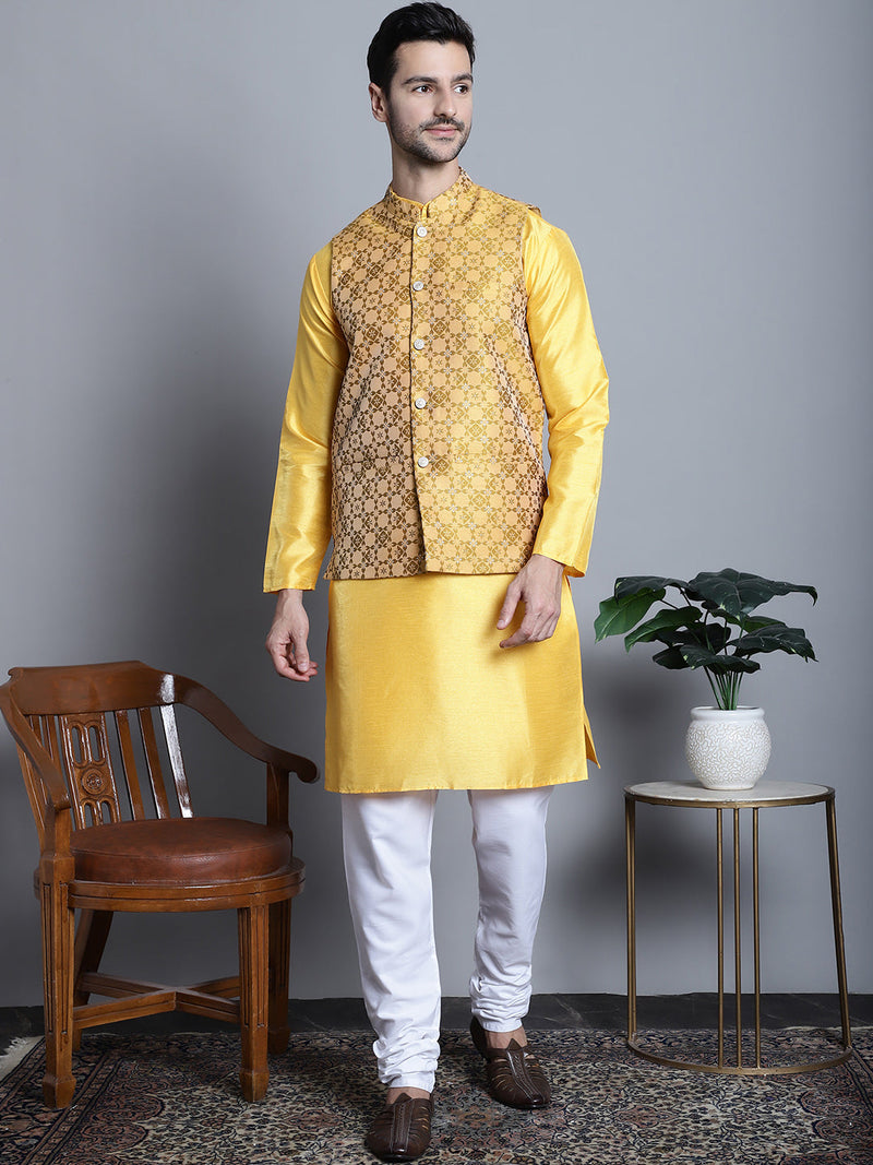 Men's Woven Design Nehru Jacket With Kurta Pyjama Set