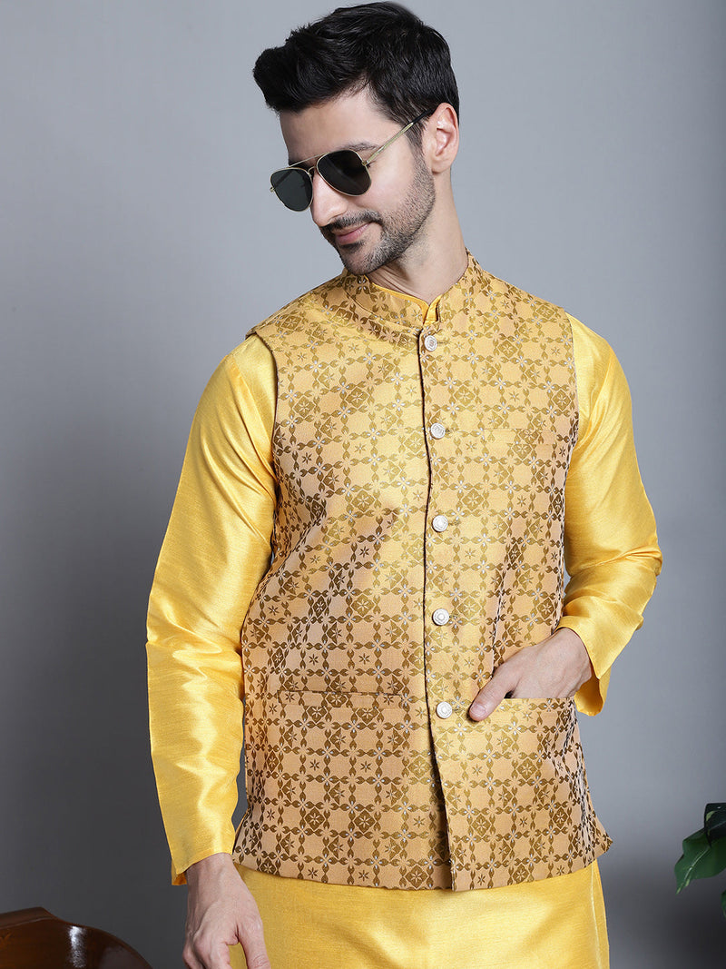 Men's Woven Design Nehru Jacket With Kurta Pyjama Set