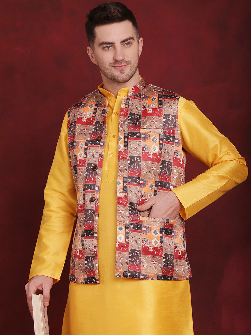 Multi Printed Nehru Jacket With Kurta Pyjama Set ( JOKPWC 636Y 4090Multi )