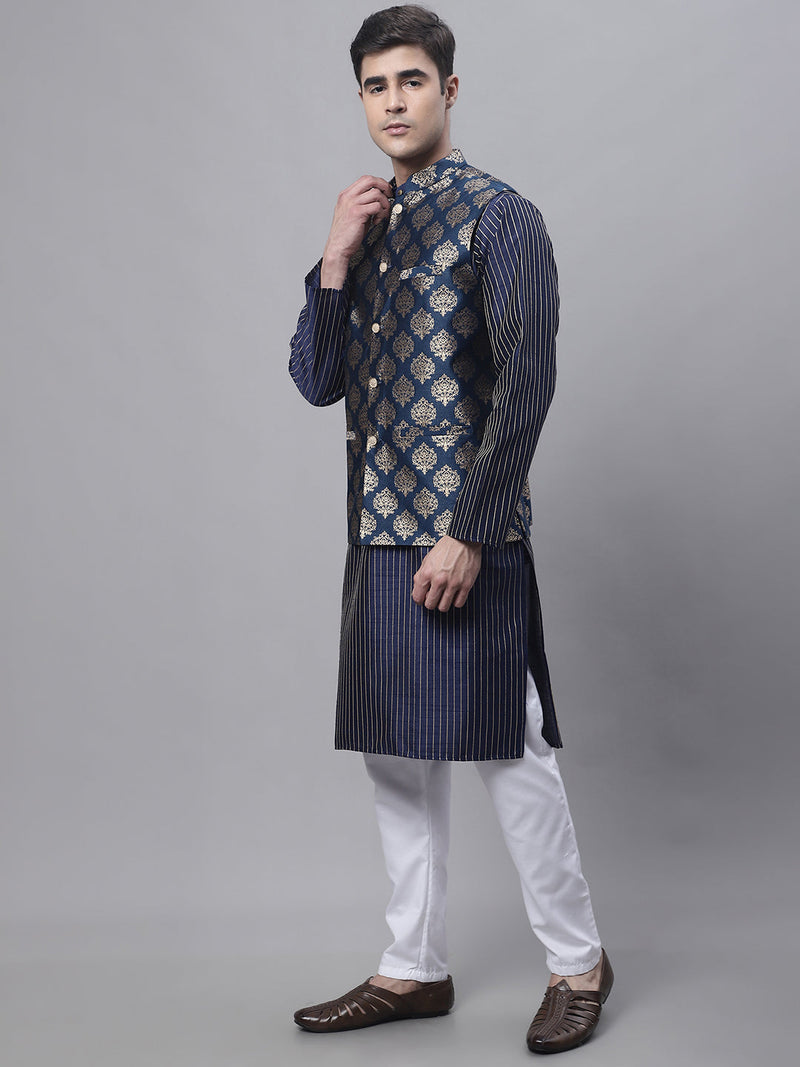 Men's Navy Blue Embroidered Kurta Pyjama With Floral Printed Nehru Jacket