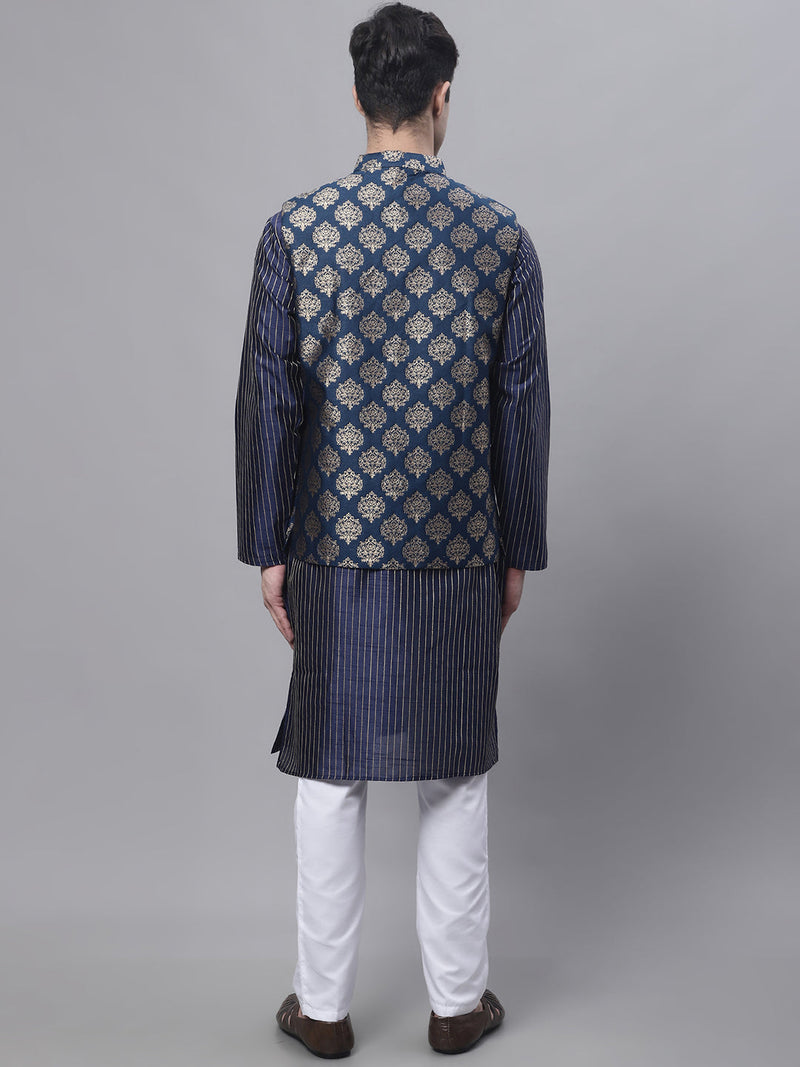 Men's Navy Blue Embroidered Kurta Pyjama With Floral Printed Nehru Jacket