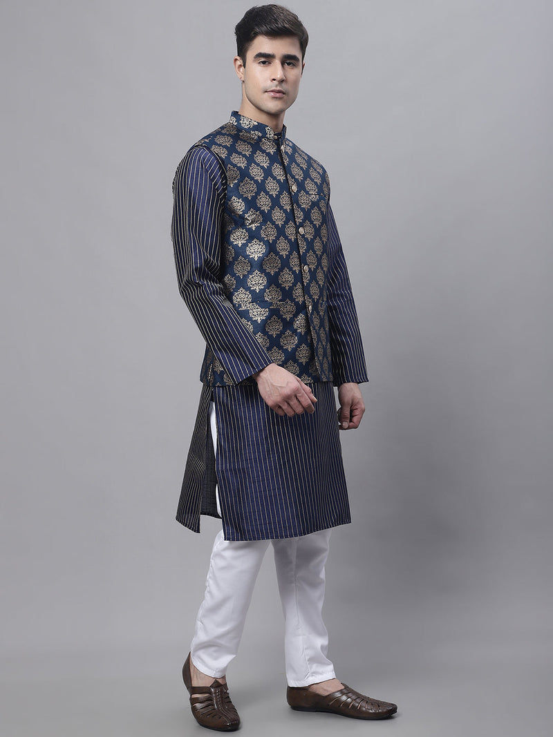 Men's Navy Blue Embroidered Kurta Pyjama With Floral Printed Nehru Jacket