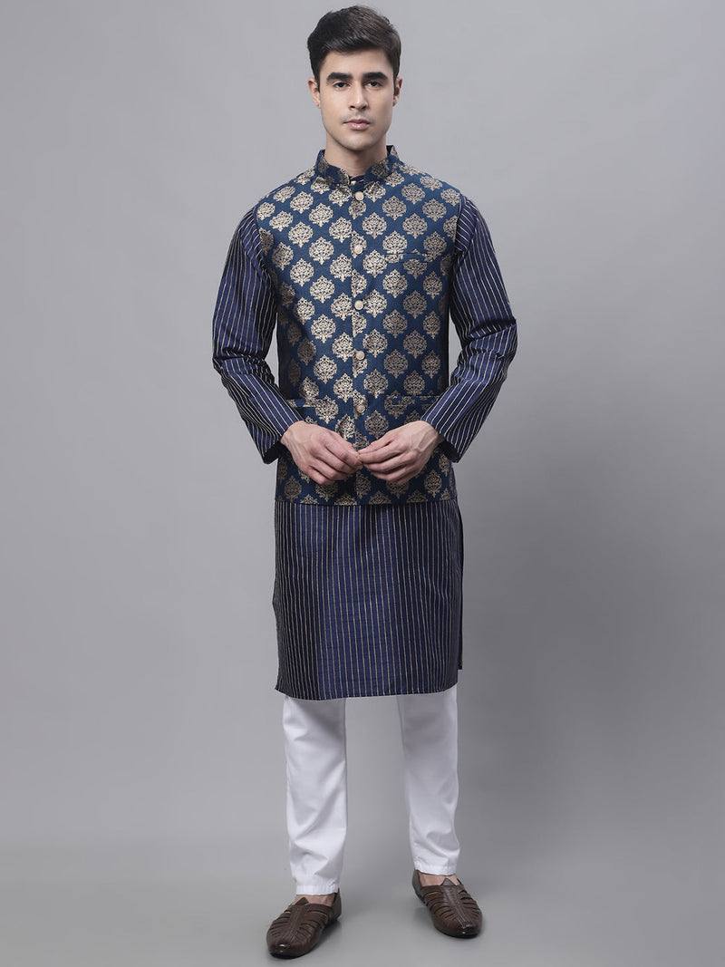 Men's Navy Blue Embroidered Kurta Pyjama With Floral Printed Nehru Jacket