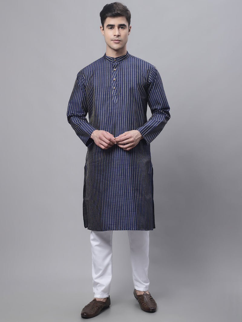 Men's Navy Blue Embroidered Kurta Pyjama With Floral Printed Nehru Jacket