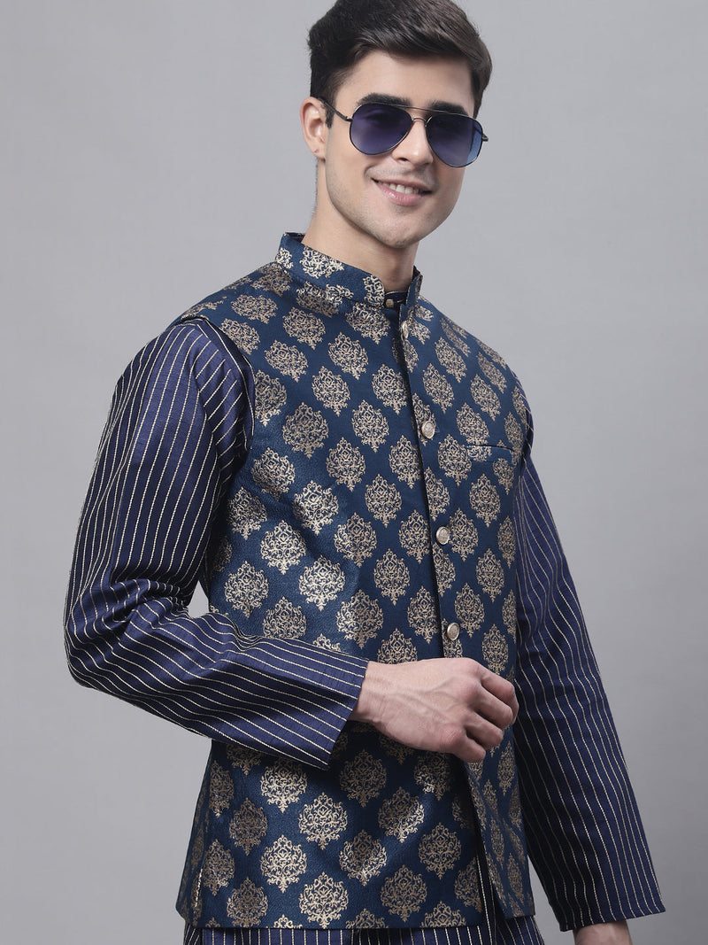 Men's Navy Blue Embroidered Kurta Pyjama With Floral Printed Nehru Jacket