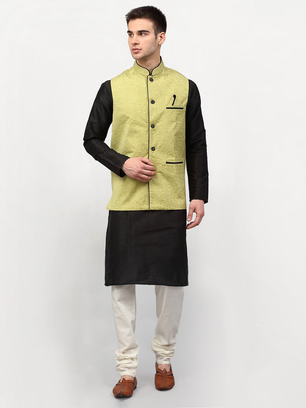 Jompers Men's Black Dupion Silk Kurta with Churidar & Nehru Jacket