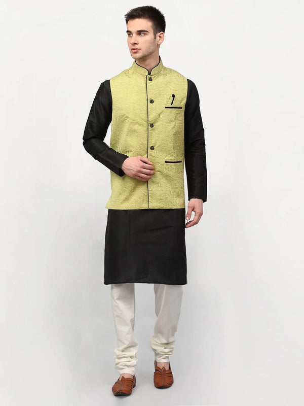 Jompers Men's Black Dupion Silk Kurta with Churidar & Nehru Jacket ( JOKPWC B-D 4024Green )