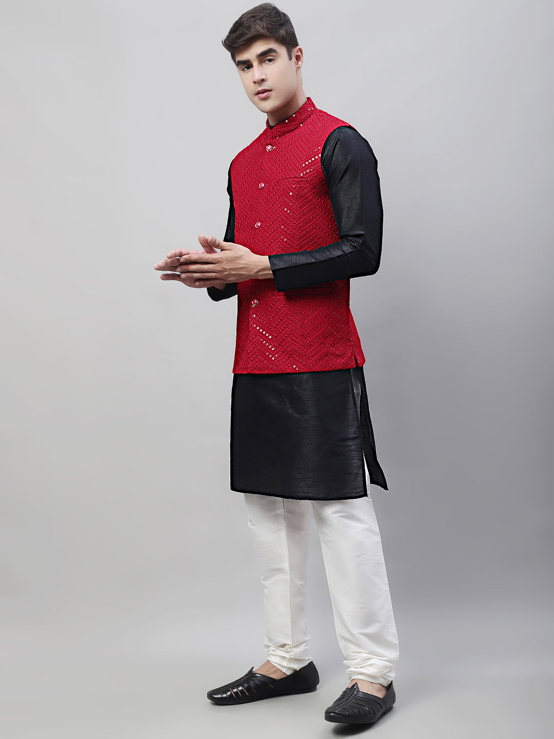 Men Black Solid Kurta Pyjama with  Maroon Embroidered Nehru Jacket