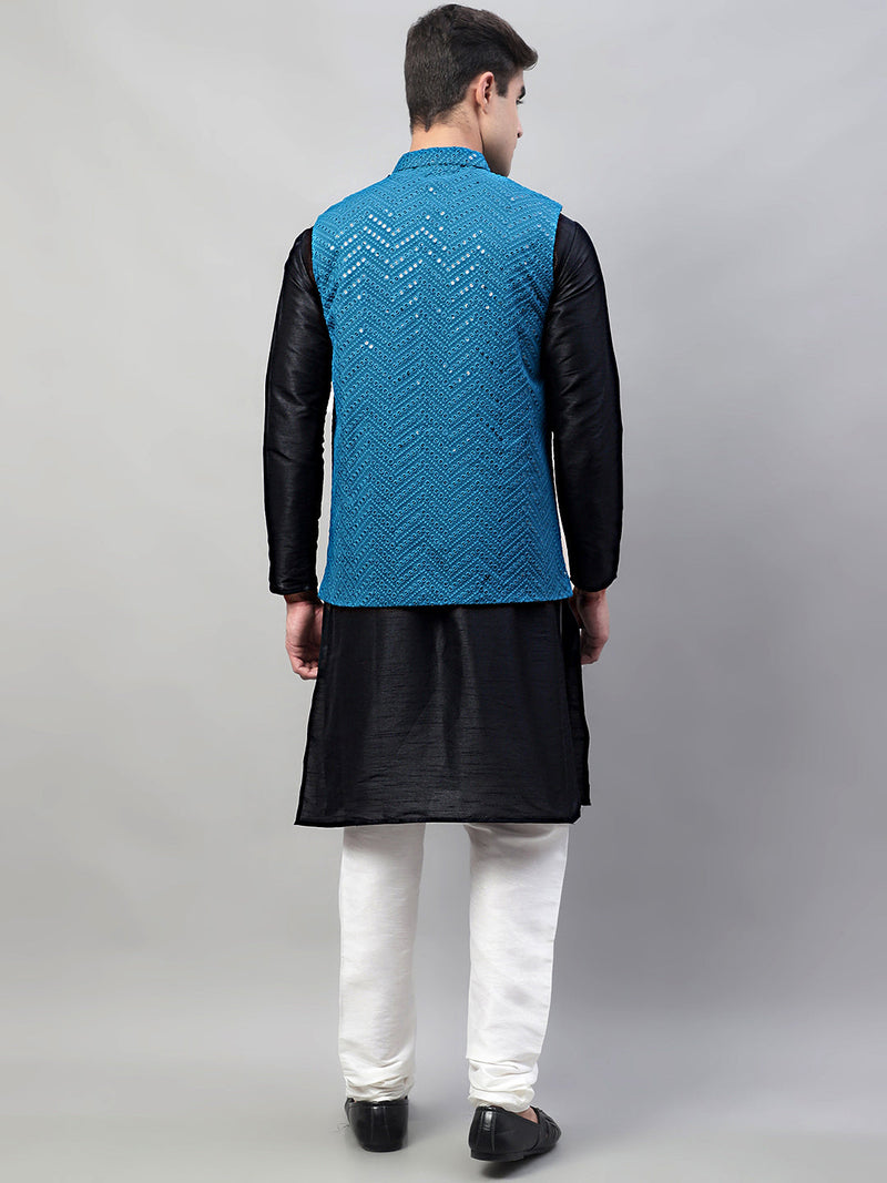 Men Black Solid Kurta Pyjama with  Blue Embroidered Nehru Jacket