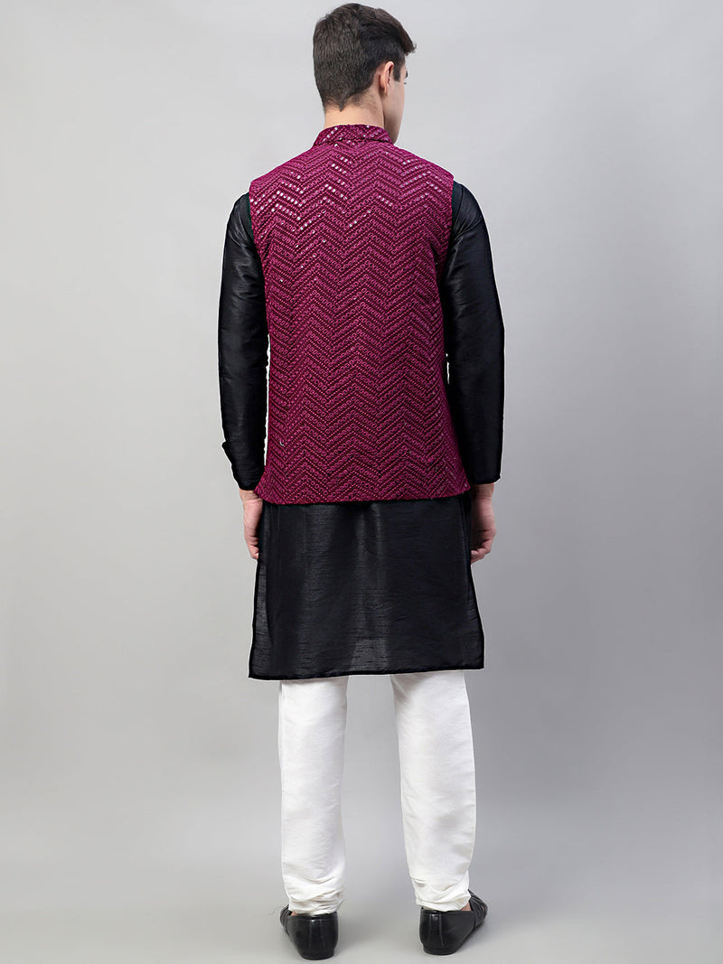 Men Black Solid Kurta Pyjama with  Purple Embroidered Nehru Jacket