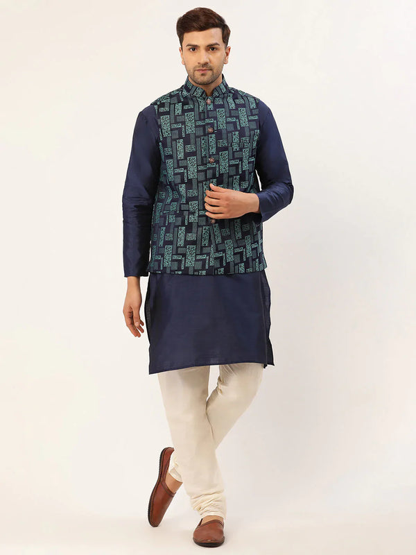 Men's Solid Kurta Pyjama With Blue Woven Design Nehru Jacket( JOKPWC N-D 4037Blue )