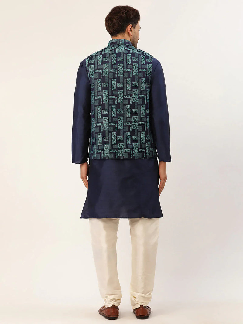 Men's Solid Kurta Pyjama With Blue Woven Design Nehru Jacket( JOKPWC N-D 4037Blue )